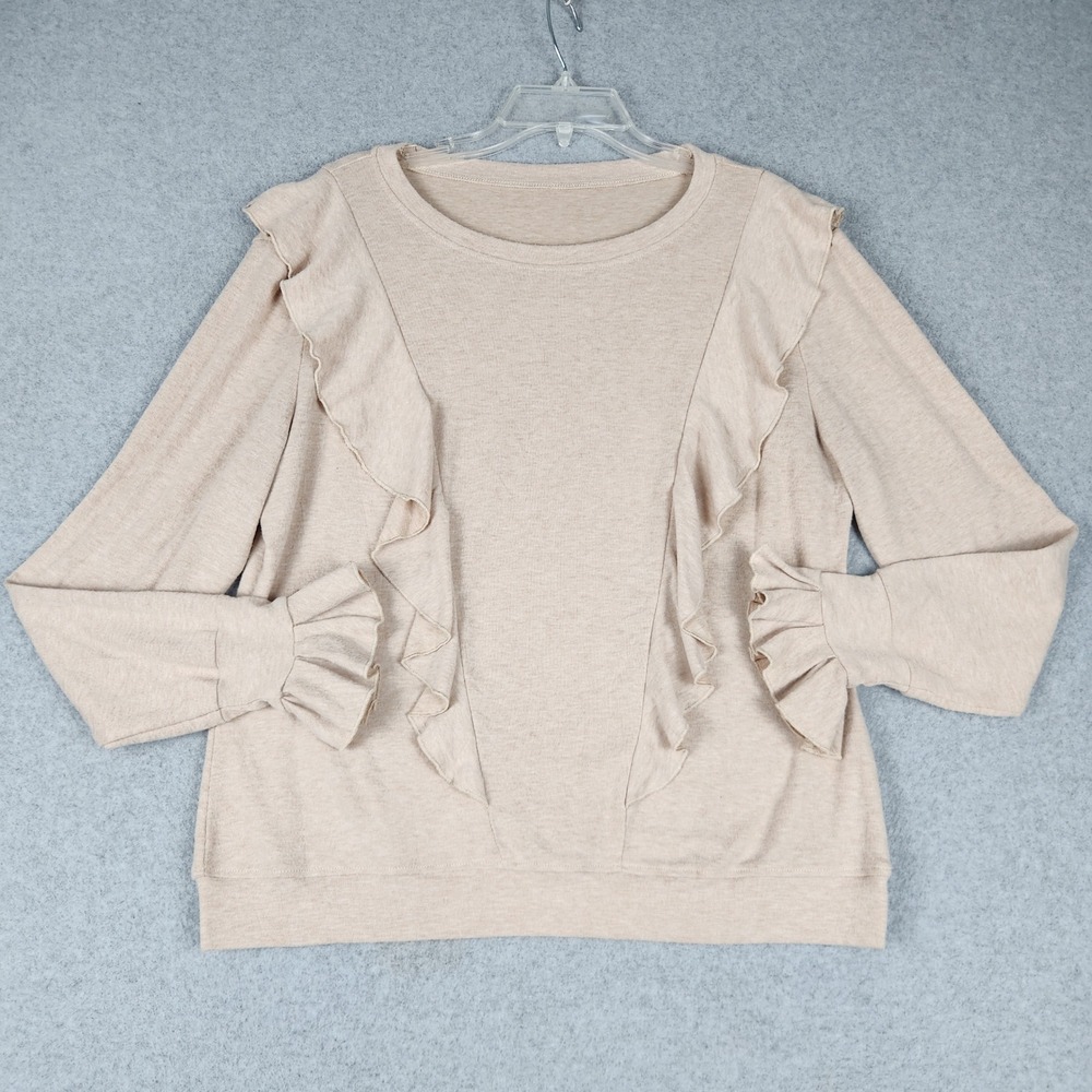 Womens Sweater Large Khaki Tight Knitted Ruffle Detail Long Sleeve Crew Neck
